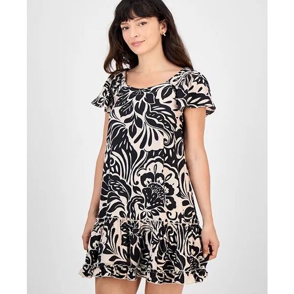 ROBBIE BEE 𝅺Dress SZ Large Printed Flutter Short Sleeve Shift Scoop Neck Summer - Picture 1 of 13
